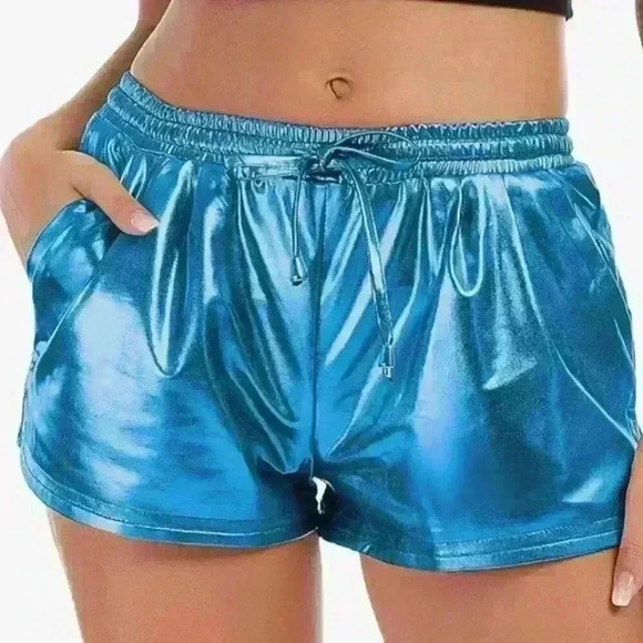 Hot Shorts Shiny Metallic Elastic Drawstring Pockets Size Medium Disco 80s Rave - Picture 1 of 9